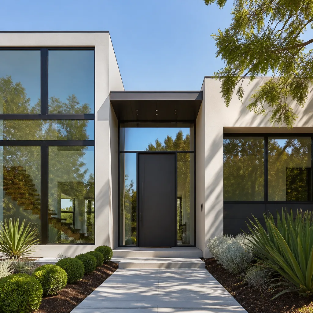Modern home exterior with a newly installed sleek dark front door
