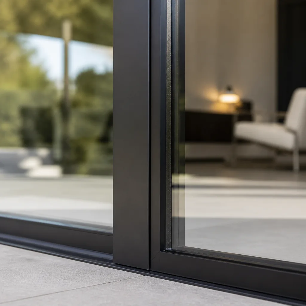 Modern black framed sliding glass door installation