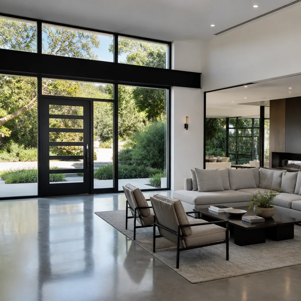 Modern front door replacement in a bright contemporary living room
