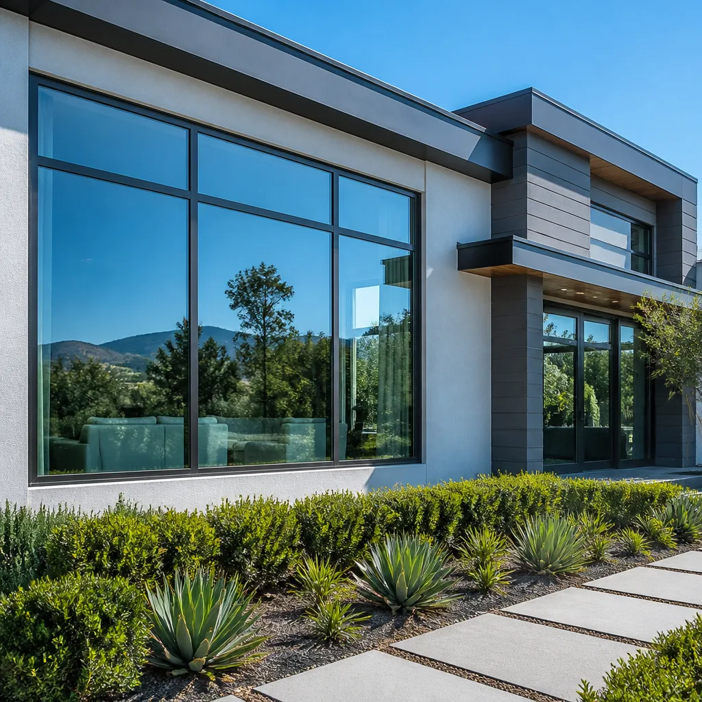 Modern home exterior with large glass windows and elegant entry door