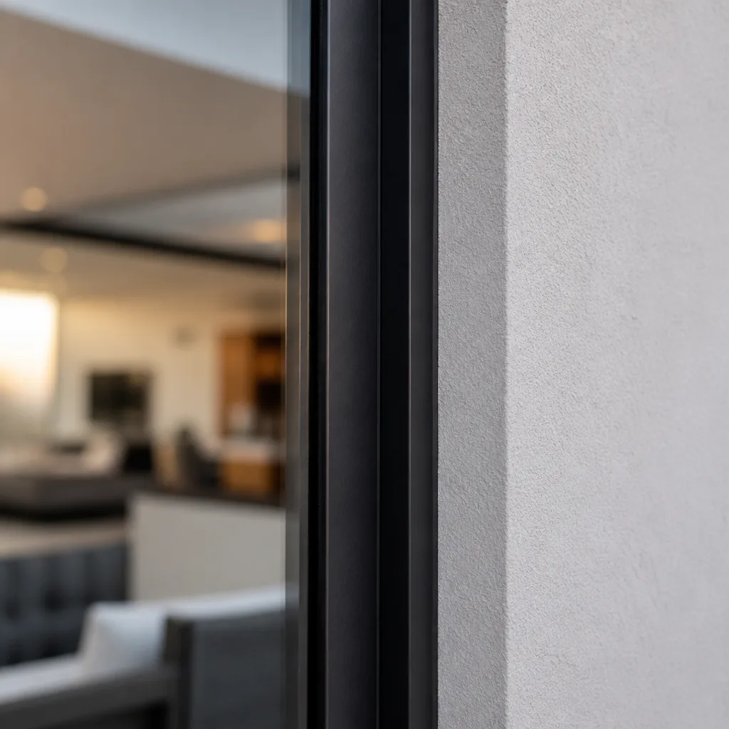 Modern window frame detail against a textured exterior wall