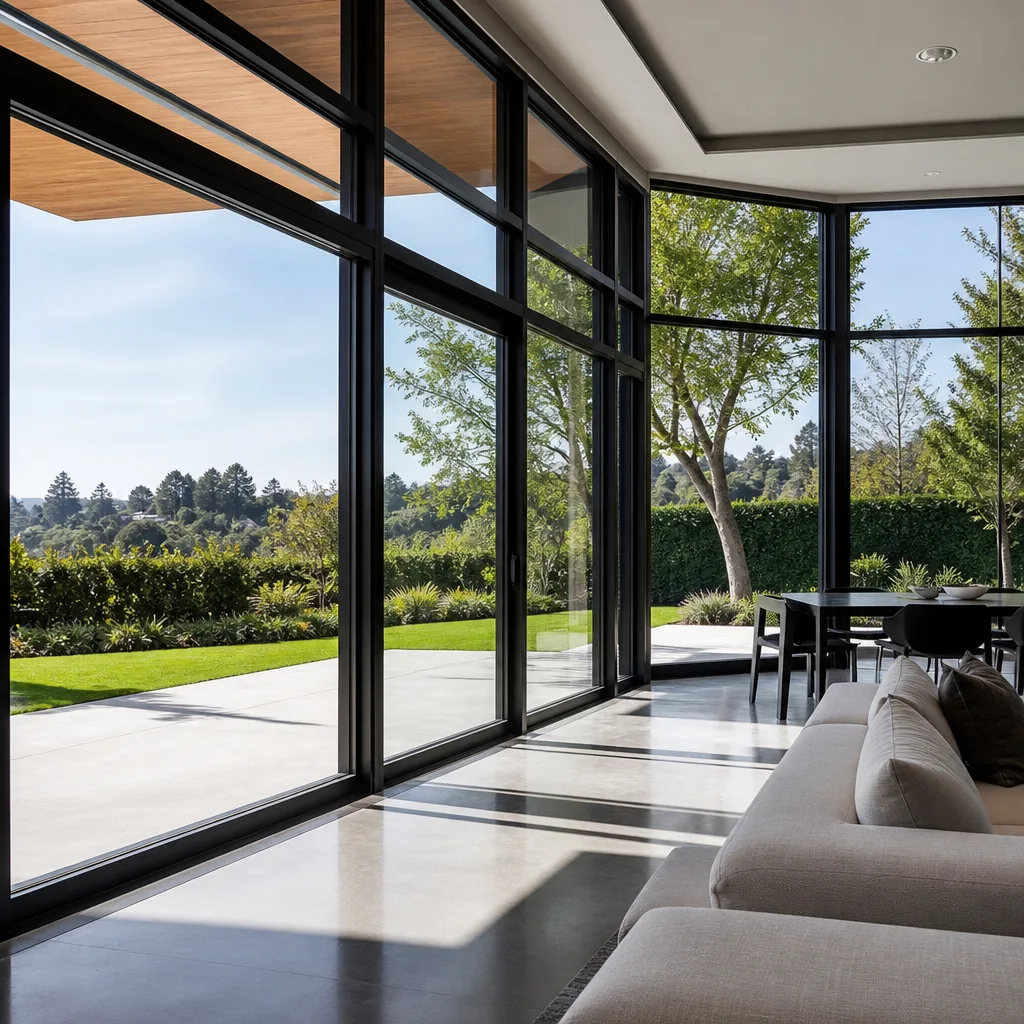 Modern floor-to-ceiling glass windows and sliding doors in a bright interior