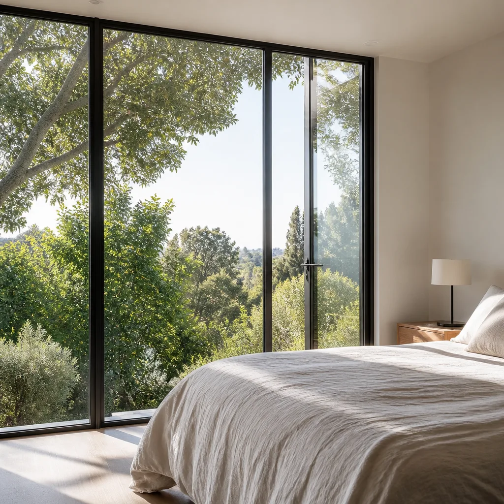 Modern floor-to-ceiling windows with black frames in a bedroom overlooking trees