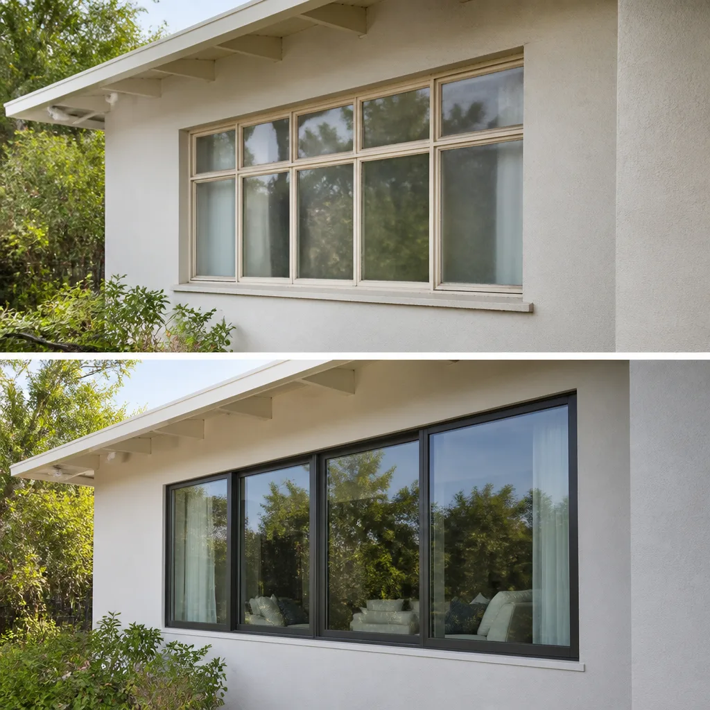Comparison of residential window replacement featuring modern black window frames