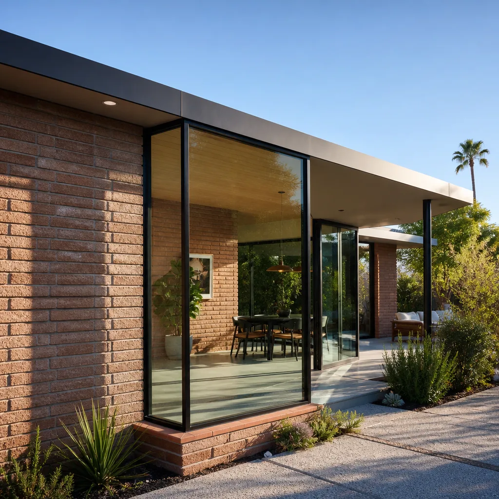 Modern home with floor-to-ceiling windows and sliding glass doors